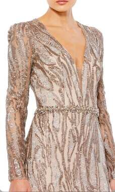 Long Sleeve Long Taupe Formal Dress with Beads. Size 2